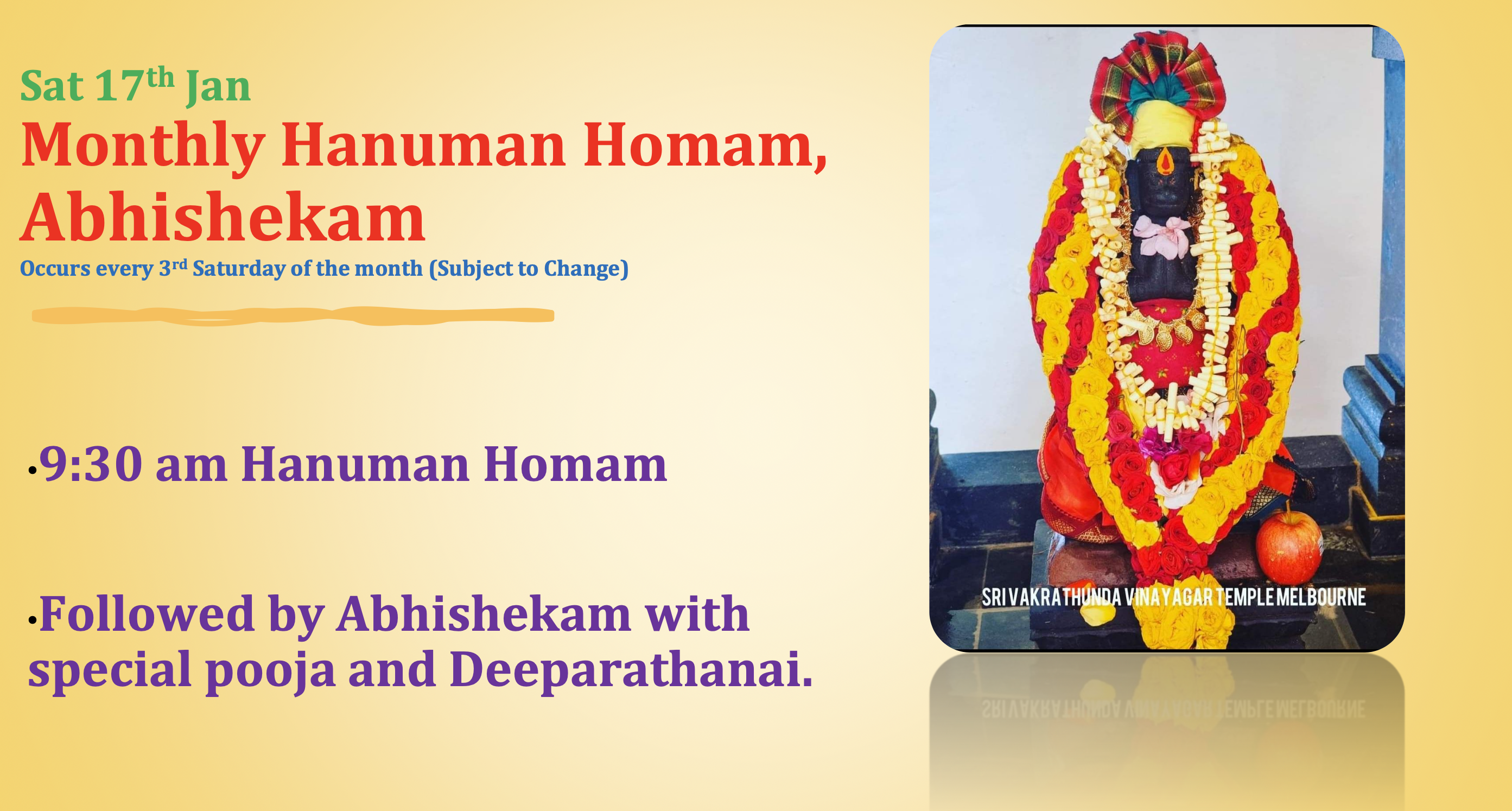 Sat 17th Jan – Hanuman Homam, Abhishekam